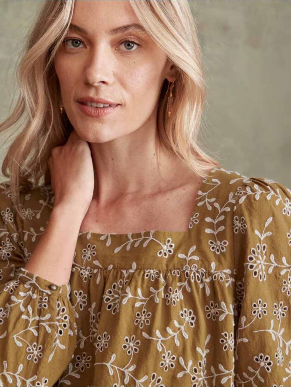 Olive Floral Embroidered Square-Neck Women’s Top